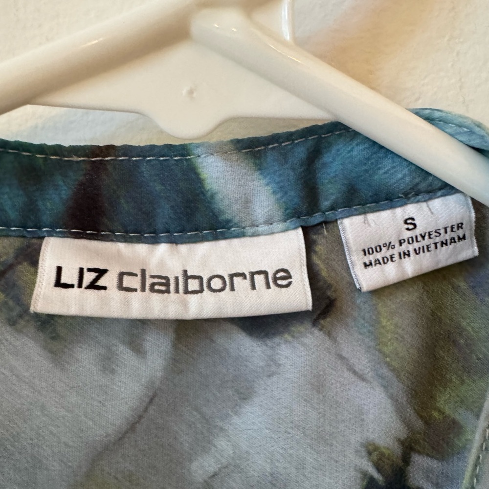 Liz Claiborne Sheer Floral Blue Green Ruffle Blouse Size Small - Picture 2 of 7